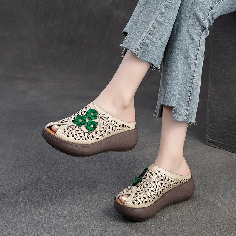 Koznoy 6cm Genuine Leather Appliques Flower Fashion Women Hollow Wedge Slipper Platform Sandals Peep Toe Fashion Summer Shoes