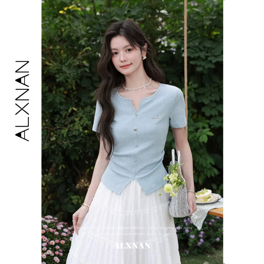 

ALXNAN Blue Knit T-shirt Elegant Slit Butterfly Button Design Short Sleeve Tees 2026 Summer Fashion Slim-fit Female Tops L62922
