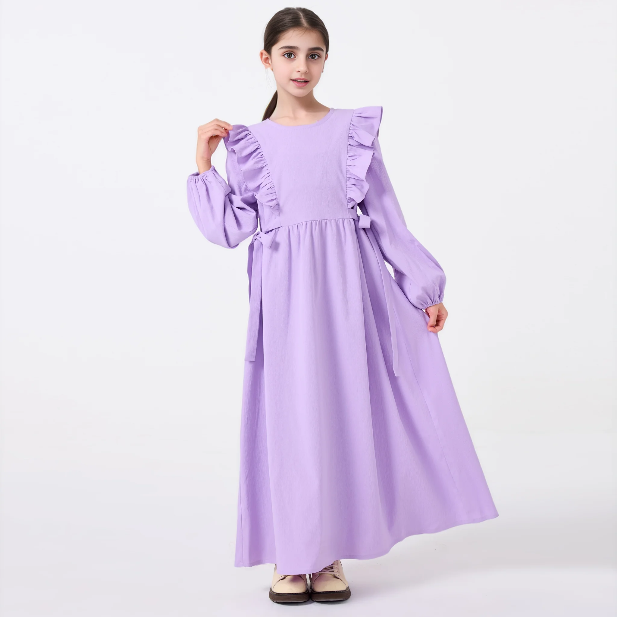 

Middle Eastern Muslim Girl Abaya Solid Color Ruffled Collar Lace-Up Dress Robe