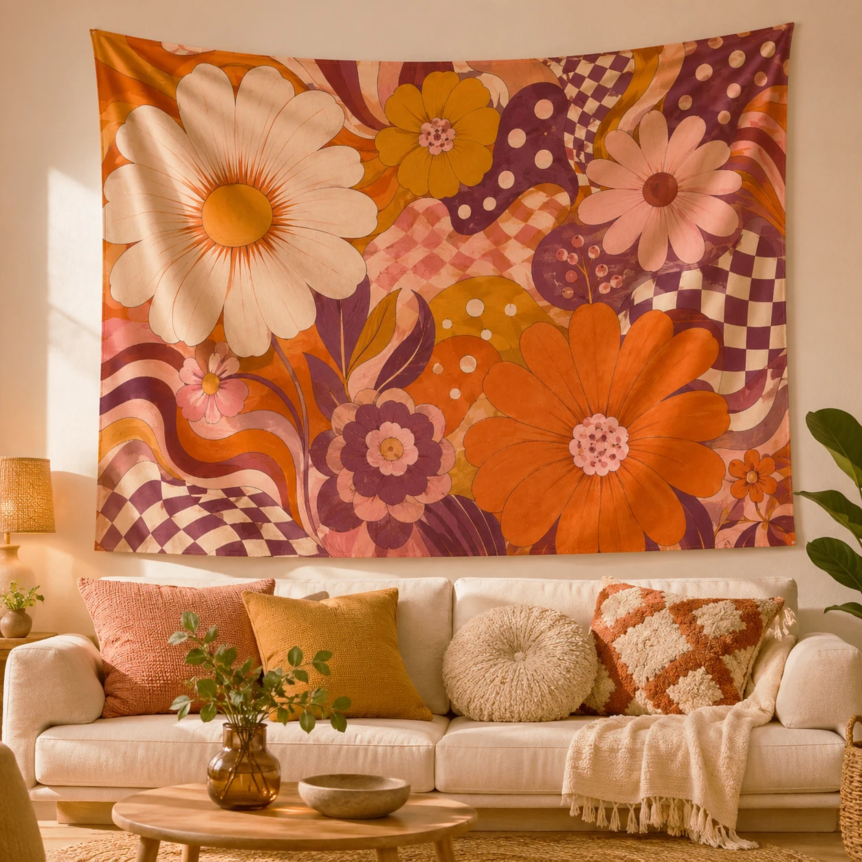 Retro 70s Daisy Flower Tapestry Groovy Checkerboard Swirl Floral Wall Hanging Hippie Boho Vintage Bedroom Wall Decor Tapestry