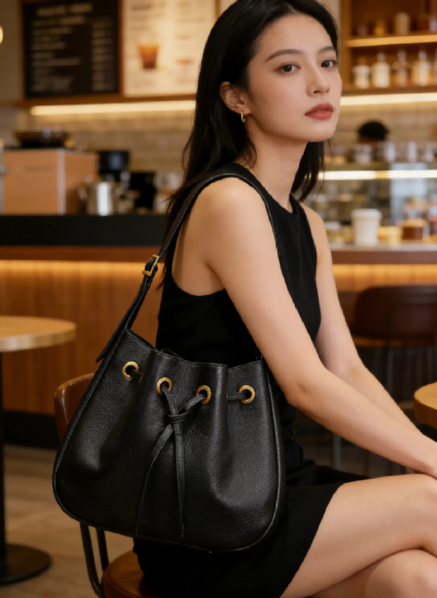 

Черная сумка-ведро на шнурке для женщин, гладкая кожаная сумка через плечо, повседневная сумка для поездок на работу с фурнитурой золотистого цвета