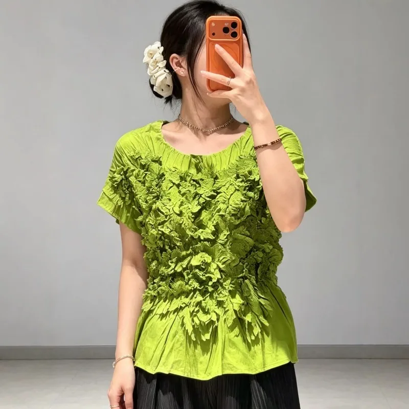 Miyake Pleated T-Shirt 2026 Summer New Original 3D Flower Pleated Top Women Solid Color Waist-Cinched Fashion Short Sleeve Pleat