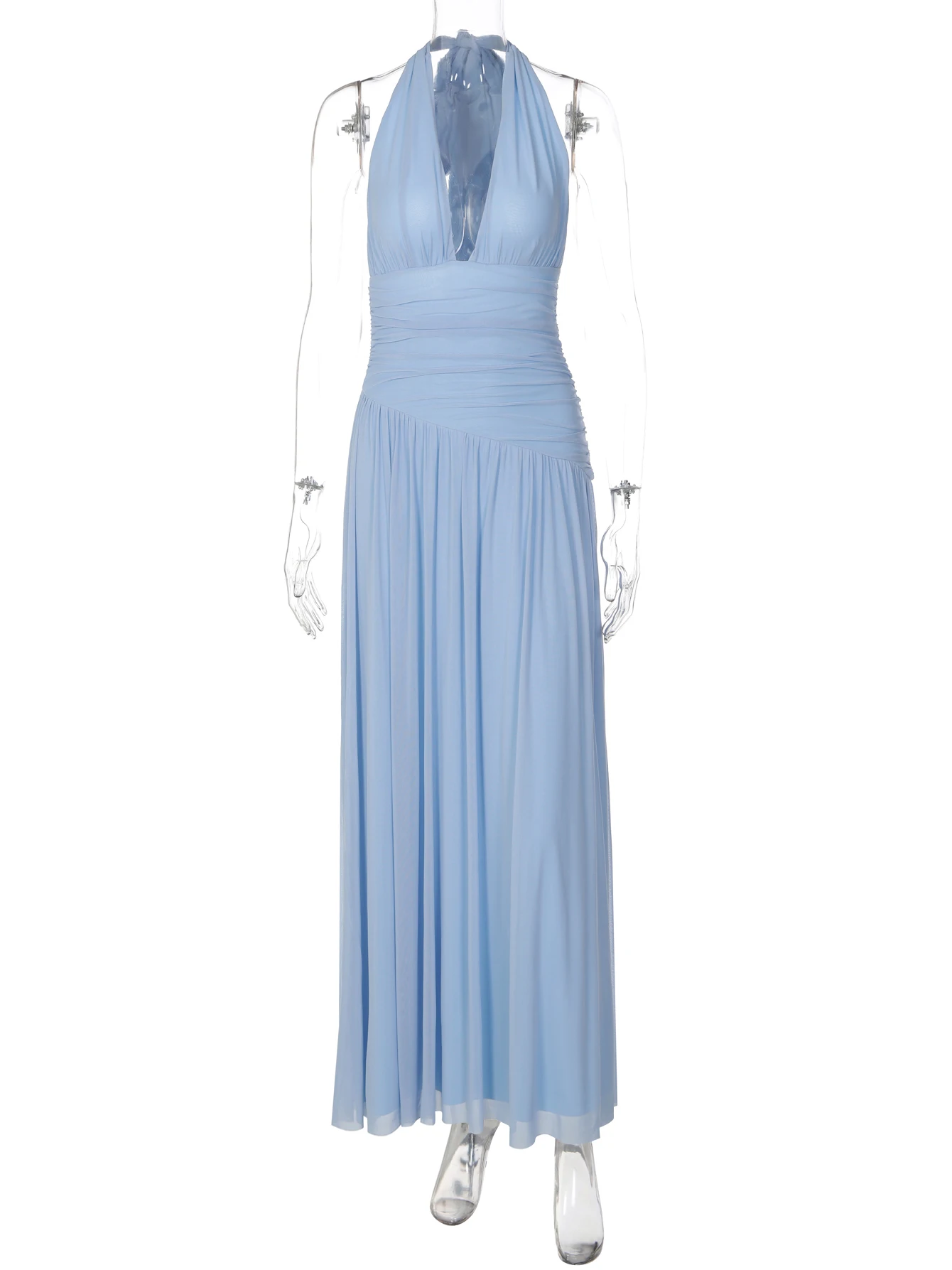 Hugcitar Elegantes Maxikleid mit V-Ausschnitt, gerafftem Rücken, Schnürung, Patchwork-Mesh, sexy Plissee, für Strand, Urlaub und Party – Detail 2