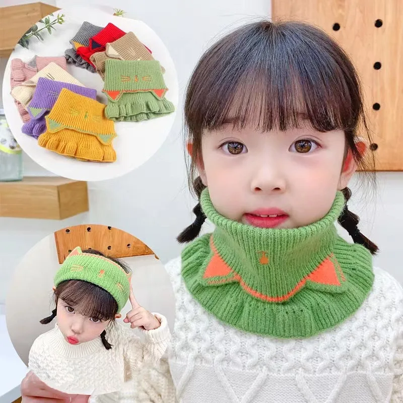 Cartoon Cat Children Knitted Scarf Kids Autumn Winter Warm Woolen Snood Color Blocking Baby Neck Wrap Girls Fungus Edge Scarves