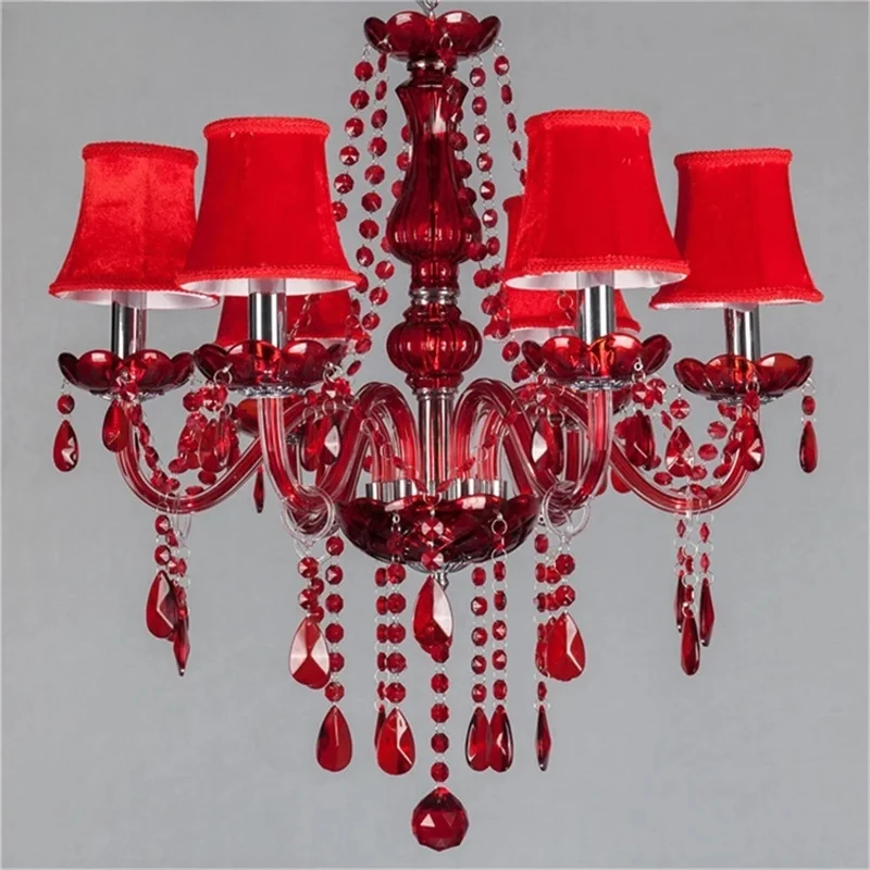 

European Style Chandelier Red Pendant Crystal Candle Luxury LED Light Fixtures Modern Indoor for Home Living Room