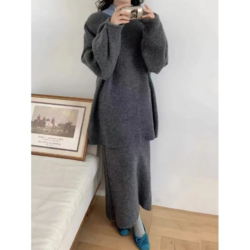 

Шикарный осенне-зимний женский вязаный свитер и юбка с высокой талией, комплект из двух предметов, длинный кардиган с одной пуговицей