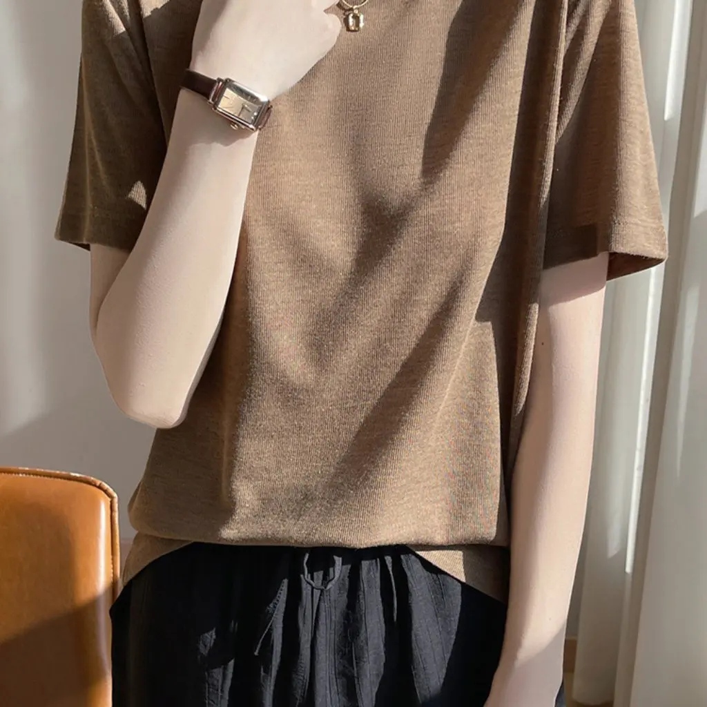 

Women's Tencel Lyocell Short-Sleeved T-Shirt round Neck Pure Color Casual Elegant Top Half-Sleeved Bottoming Wholesale Clothing