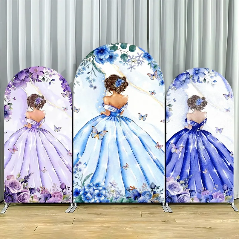 

Arch Backdrop Cover Single Side Blue Purple Ball Gown Butterflies Flowers Party Decoration Photo Booth Background Event Supplies