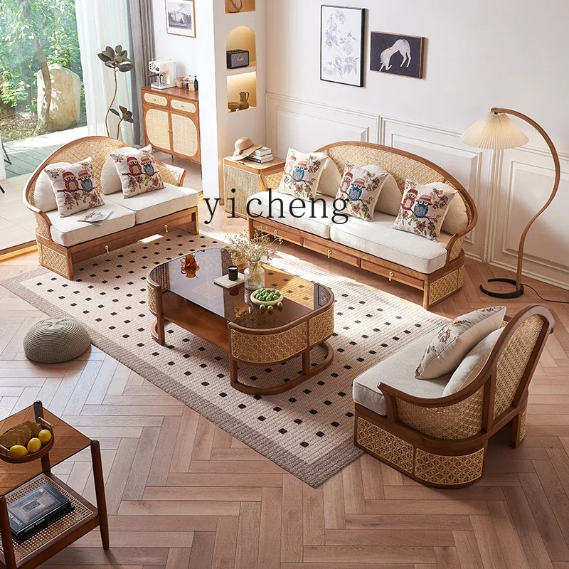 l3 retro rattan sofa living room combination villa homestay simple solid wood sofa casual storage