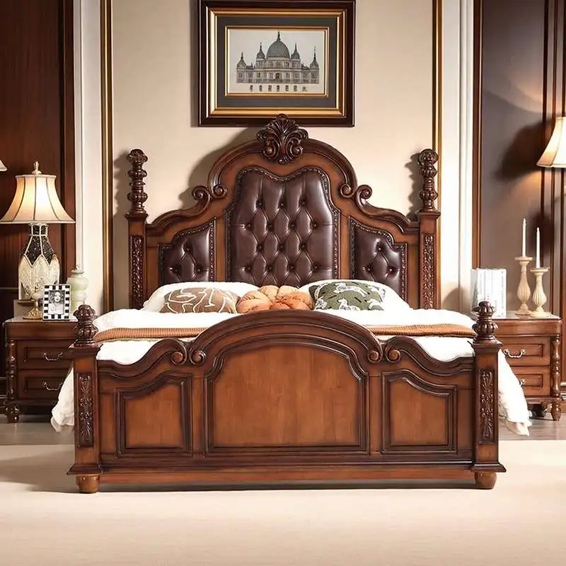 

Американская ретро кожаная большая кровать 1,8 метра, французская резная вилла из цельного дерева, главная спальня, бесшумная кровать, доска в европейском стиле
