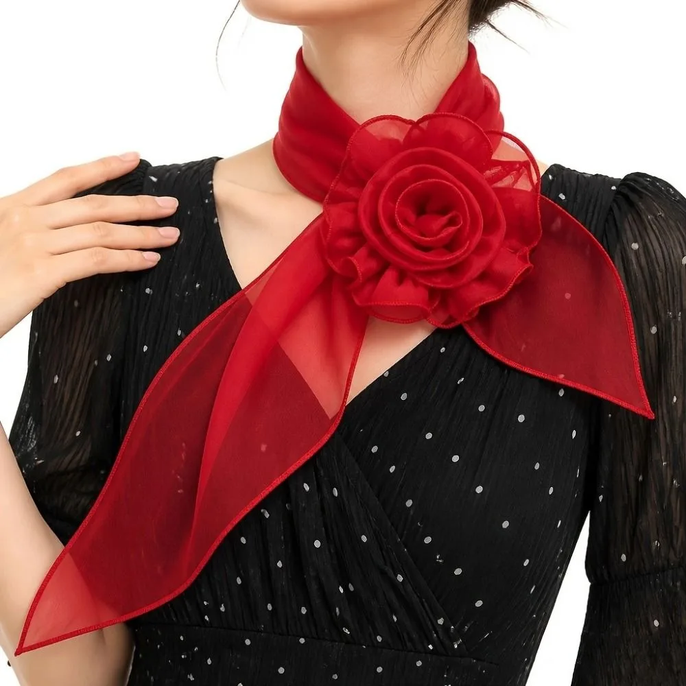 Trendy Chiffon Long Floral Scarf Soft Elegant Silk Rose Scarf Solid Color Lightweight Women’s Neck Scarf Women Accessory