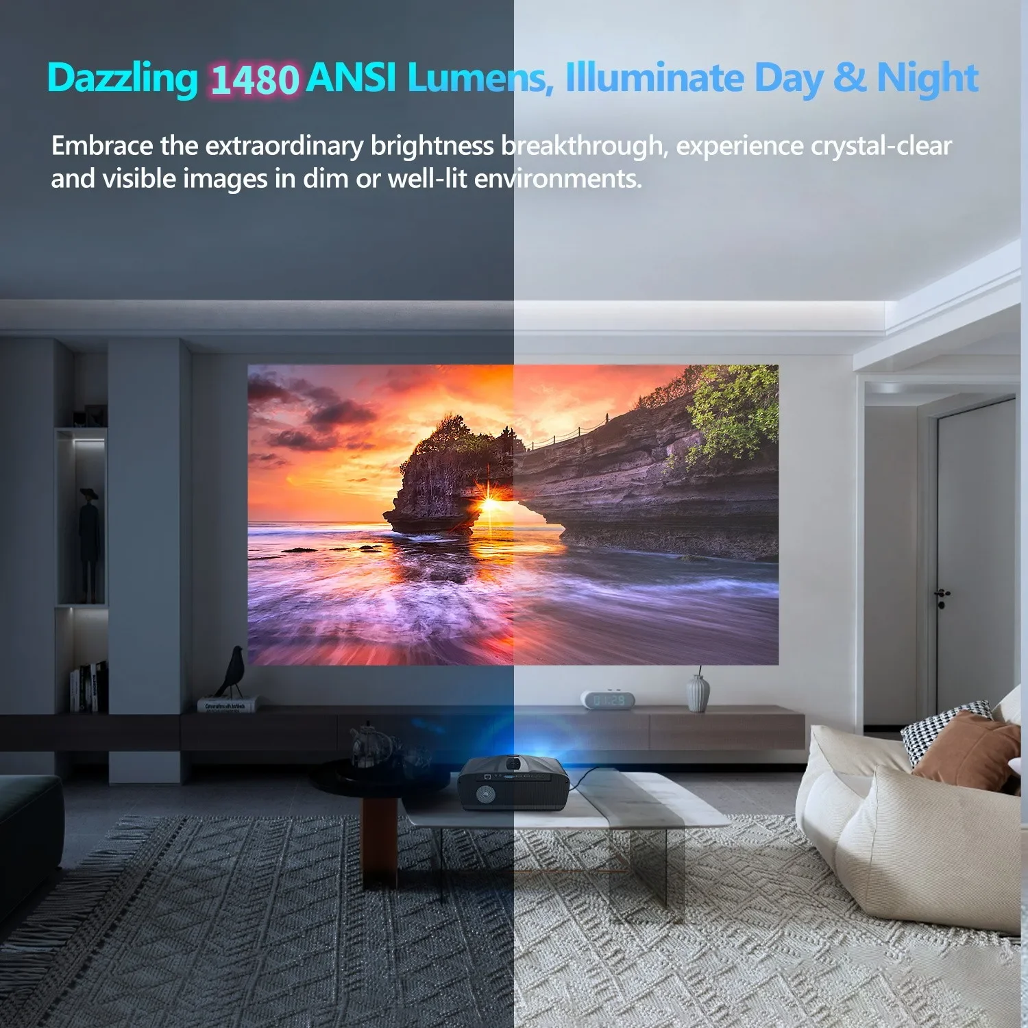 جهاز عرض تلفزيون 4K للهواتف الذكية أندرويد 9.0 بلوتوث واي فاي لأجهزة عرض المسرح المنزلي جهاز عرض شعاع الفيديو للخارجية 1480ANSI