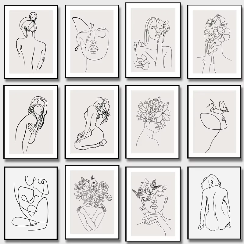 Póster de arte minimalista de línea, figura corporal de chica Sexy, dibujo de mujer, cabeza de flores, pintura en lienzo, arte de pared, decoración del hogar para sala de estar