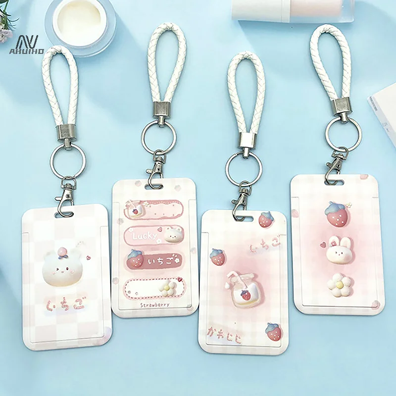 Cartoon Ins Lovely Strawberry Bear Flowers Label Ferrule Student School Card Sleeve Credential Holder Key Chain Lanyard