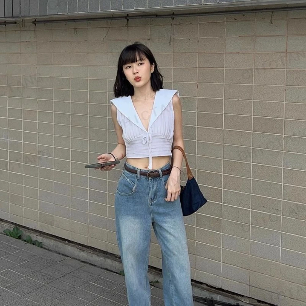 

Женская полосатая рубашка с матросским воротником в корейском стиле, лето 2025 г., укороченный топ без рукавов с v-образным вырезом на шнуровке, облегающая универсальная блузка