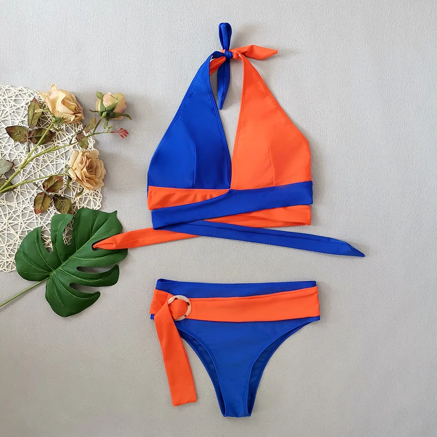 sexy blue orange patchwork bikinis sets two pieces bandage halter ring swimsuits beachwear bathing suit swimwear biquini tankini