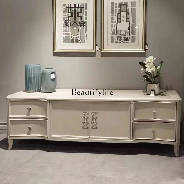 

yj19 American light luxury white old curved solid wood TV cabinet coffee table French retro