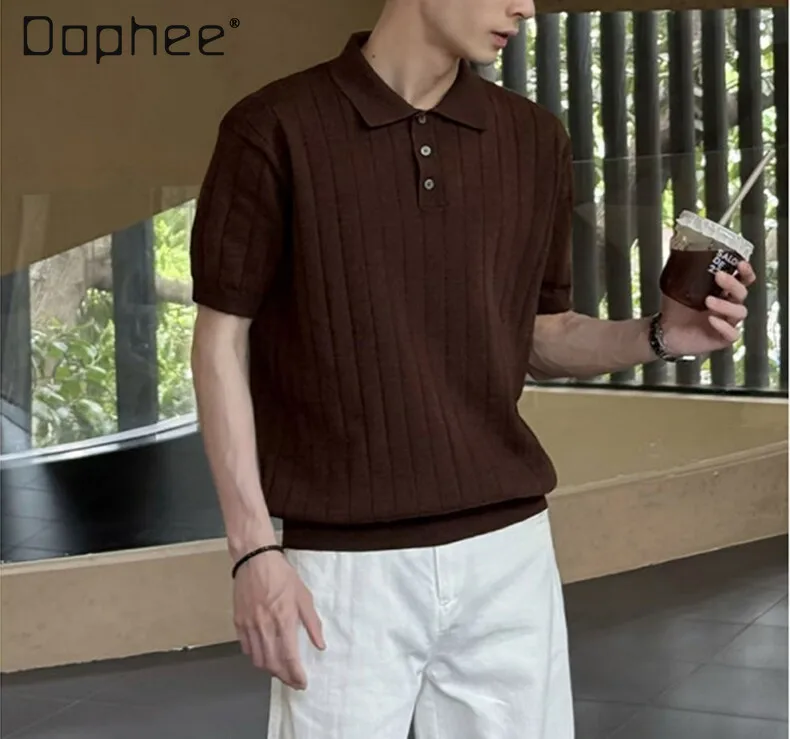 2026 Summer Men's Light Luxury Fashion Polo Shirts Suit Knitted Short Sleeve T-shirt Loose Casual Trousers Two-piece Set for Men view 2
