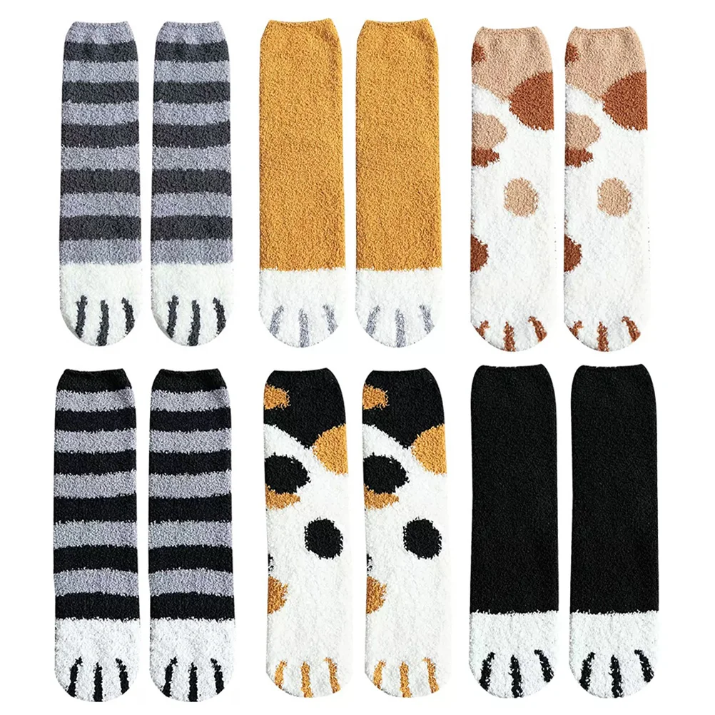 

6 Pairs Coral Fleece Floor Socks Women Cat Paw Pattern Cute Slippers Casual Fuzzy Bed Stockings Winter Lovely Miss