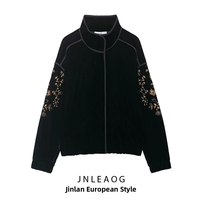 

JNLEAOG Women's Velvet Jaet Cotton Coat Embroidered Stand Fit Long Sve Zipper Closure Plant Floral Patterned Outerwear