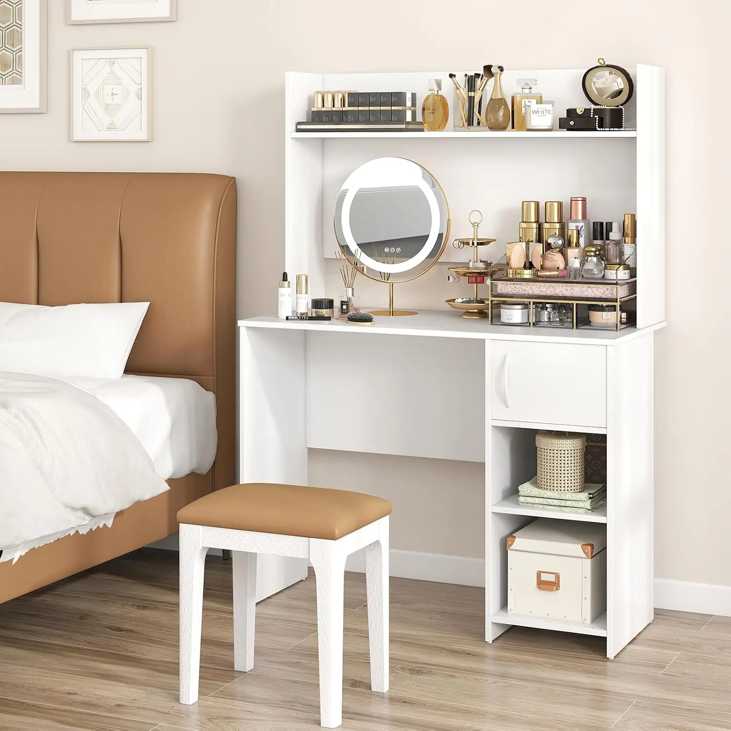 Computer Desk with Hutch, Raised Shelf & 2 Open Shelves, Cabinet with Door, Cable Management, Modern Laptop PC Desk,, Customized