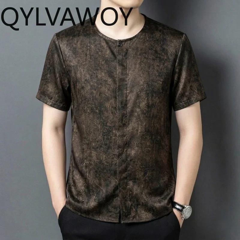 QYLVAWOY 100% Mulberry Silk Men's Shirts Frog Button Shirt Short Sleeve Round Neck Shirts for Man Summer Tops T Shirt Homme 셔츠