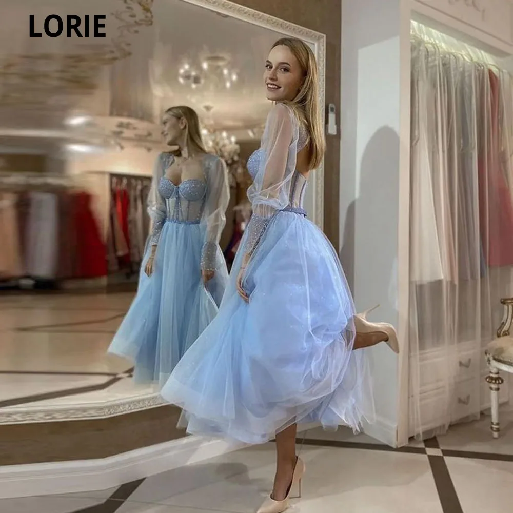 

LORIE Sky Blue A Line Prom Dress 2022 Puff Sleeves Glitter Sequins Tulle Prom Gowns Tea Length Formal Party Gown Robes De Soirée