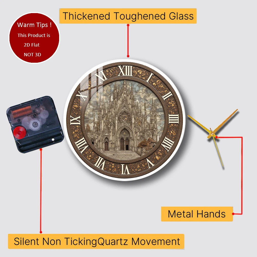 Tempered Glass Wall Clock Gothic Cathedral Clock Design Suitable For Wall Decor or Tabletop Display Anywhere