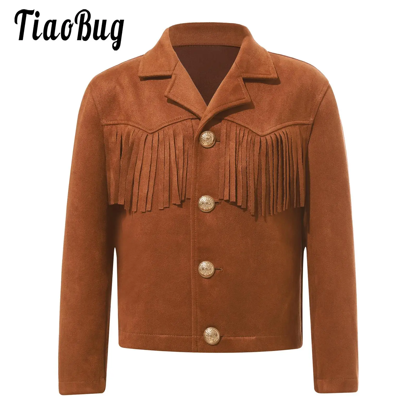 Kids Western Cowboys Cosplay Halloween Costumes Brown Color Fringe Tassel Blazer Coat Carnival Party Role Play Fancy Dress Up