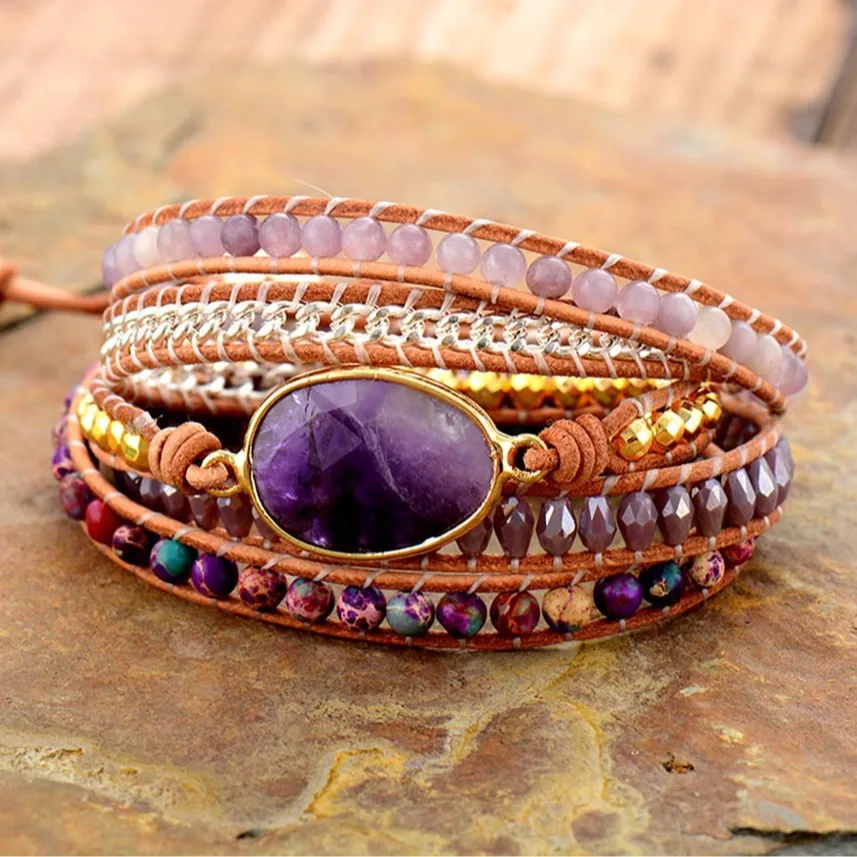 

Hot Sale Natural Stone Amethyst Multilayer Leather Hand Woven Wrapped Bracelets Bracelets Jewelry Bohemian