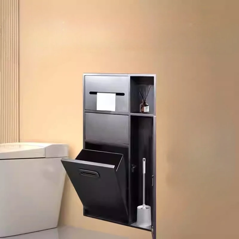 Thickened 304 Stainless Steel Toilet Niche, Bathroom Storage Cabinet with Trash Bin, Waterproof Wall