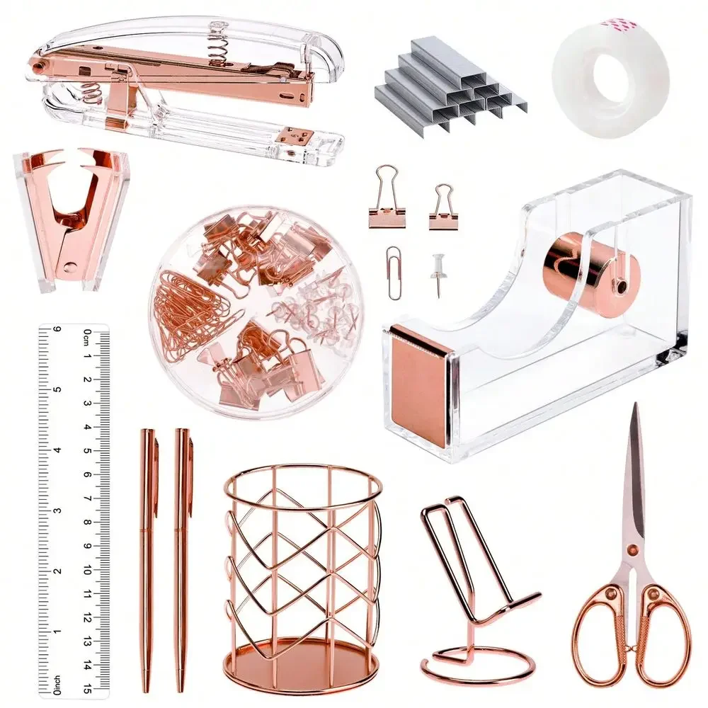 Rose Gold Gold Office Supplies And Accessories Set, Acrylic Stapler Set For Back To School Season, Staple Remover, Phone Holder
