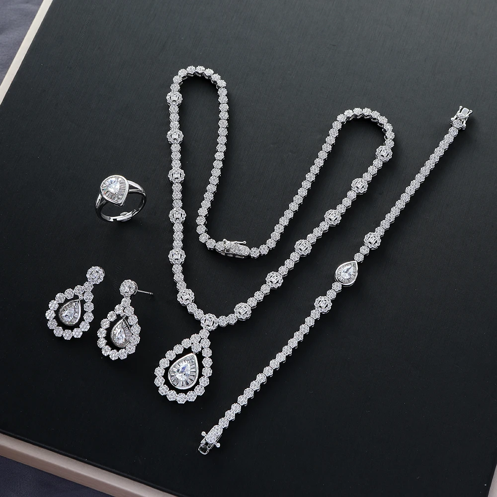 4PCS Luxury Trendy Waterdrop UAE Jewelry Sets Full Micro Cubic Zircon Women Gift Wedding Dress Necklace Earring Jewelry Set S551