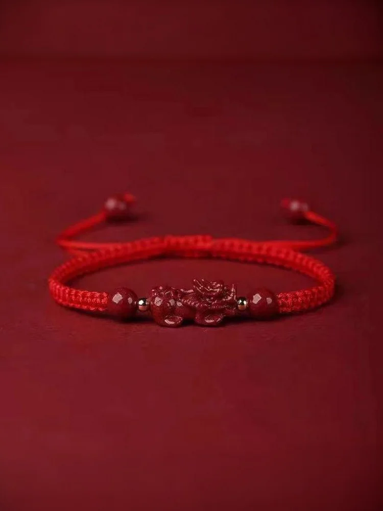 Zinnober-Pixiu-Armband mit handgeflochtenem Seil, Glücksbringer, rotes Armband für Damen und Herren, Schmuckzubehör. – Detail 8