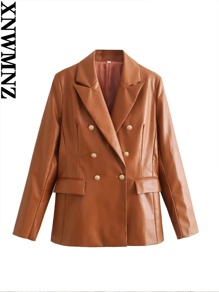 XNWMNZ Women\'s Fashion 2023 Autumn/Winter Faux Leather Blazer Women Retro Lapel Long Sleeve Button Versatile Female Jacket Coat