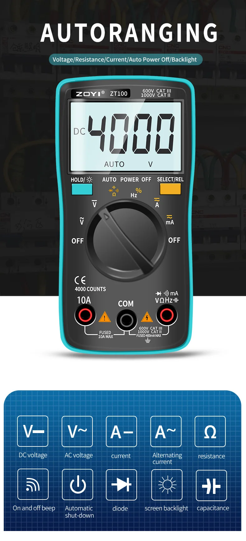 Zoyi zt100 4000 zählt digital multimeter esr meter tester automotive elektrische dmm transistor peak tester kapazitäts messer – Detail 2