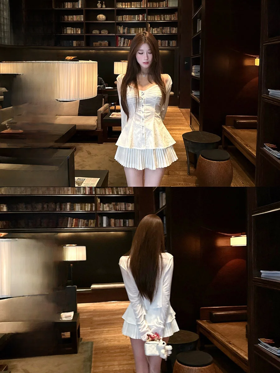 

Комплект NAOAO White Moonlight: Плиссированная юбка с завышенной талией, бриллиантовыми ремешками и кардиган с маской, женский модный комплект