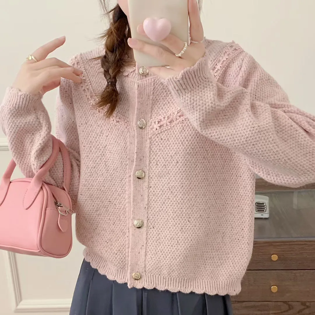 

Knitted Cardigan for Women Autumn Winter New Style Three Dimensional Flower Decor Style Design Solid Color Round Neck Sweater