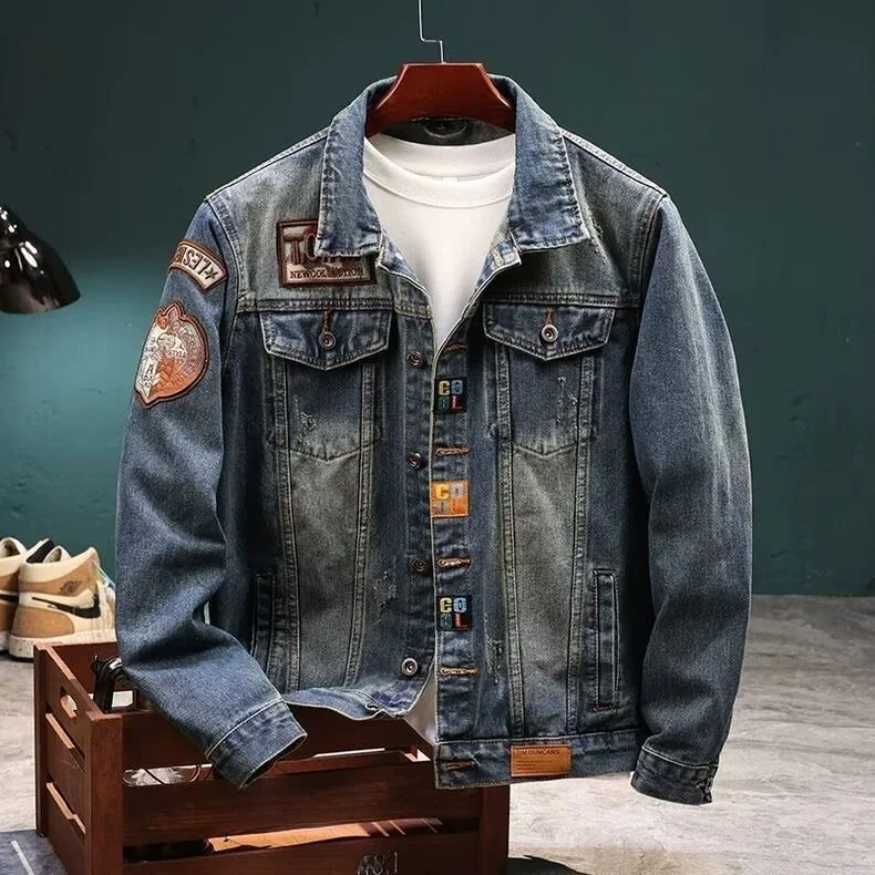 

Мужская джинсовая куртка Slim Fit в модном мотоциклетном стиле, осенне-зимняя новинка, корейская версия, американское ретро, крутой городской стиль Y...
