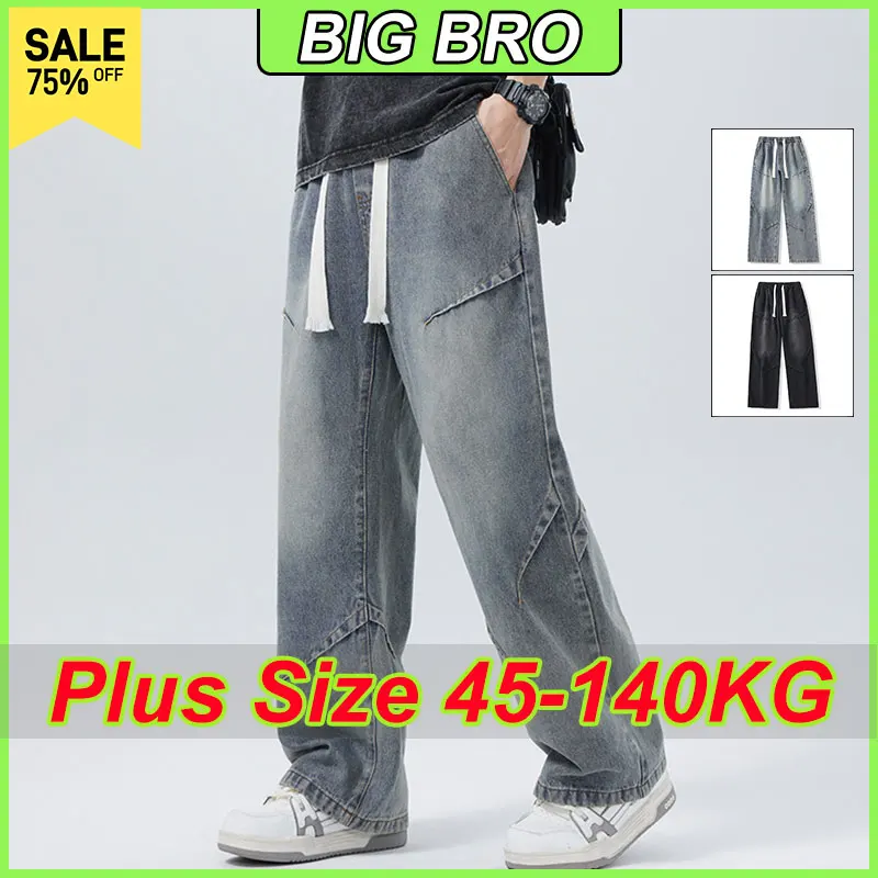 

M-8XL Plus Size Men Jeans Pants Korean Casual Elastic Waist Drawstring Trousers Black Blue Long Pants Big Oversize Male Clothing