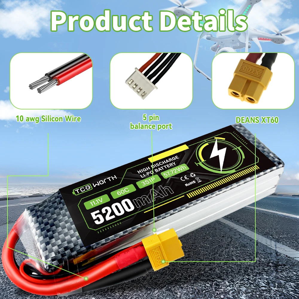 Bateria Lipo para FPV Drone, Carro RC, Barco Quadcopter, Modelo de Avião, 3S, 11.1V, 60C, 5200mAh, 3200mAh, xt60 Plug, 2 pcs