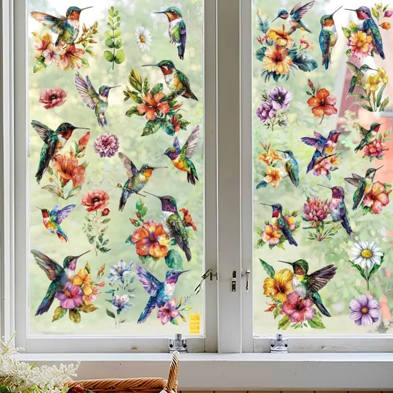 Statische Aufkleber für Fenster, 7,9 x 11,8 Zoll, 6 Blatt mit 32 Kolibri-Muster, dekorativer, abnehmbarer Fensteraufkleber