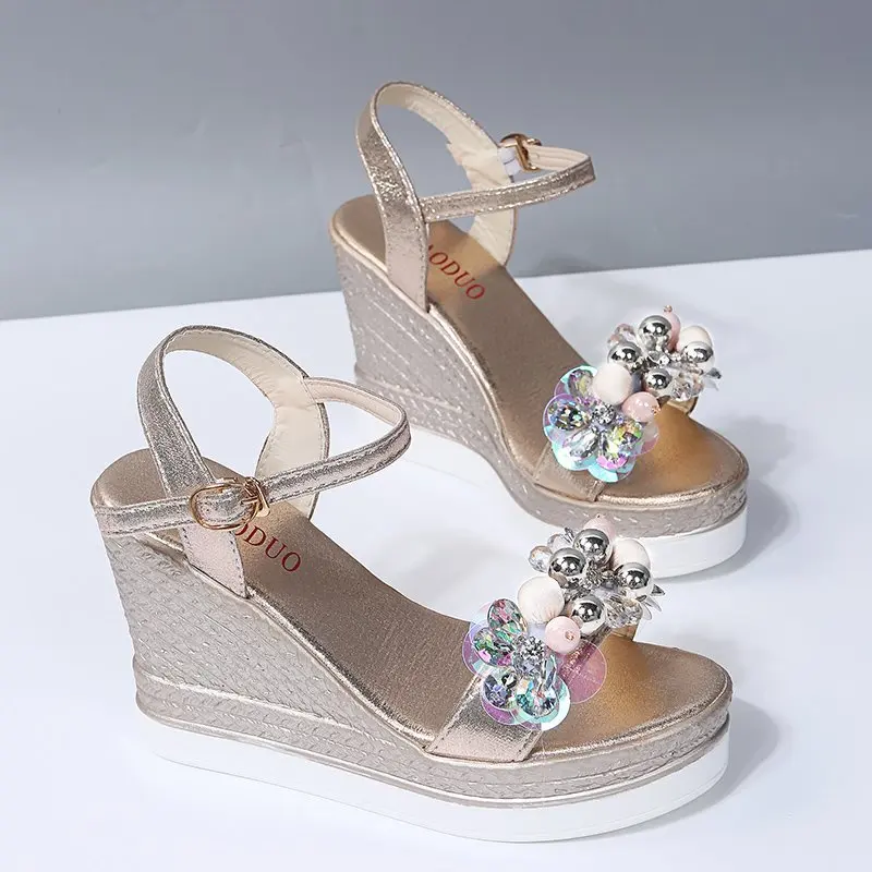 New Female Ankle Strap Buckle Rhinestone Crystal Sandals 2021 Summer Women Round Toe High Heels Fashion Ladies Wedges Shoes Gold