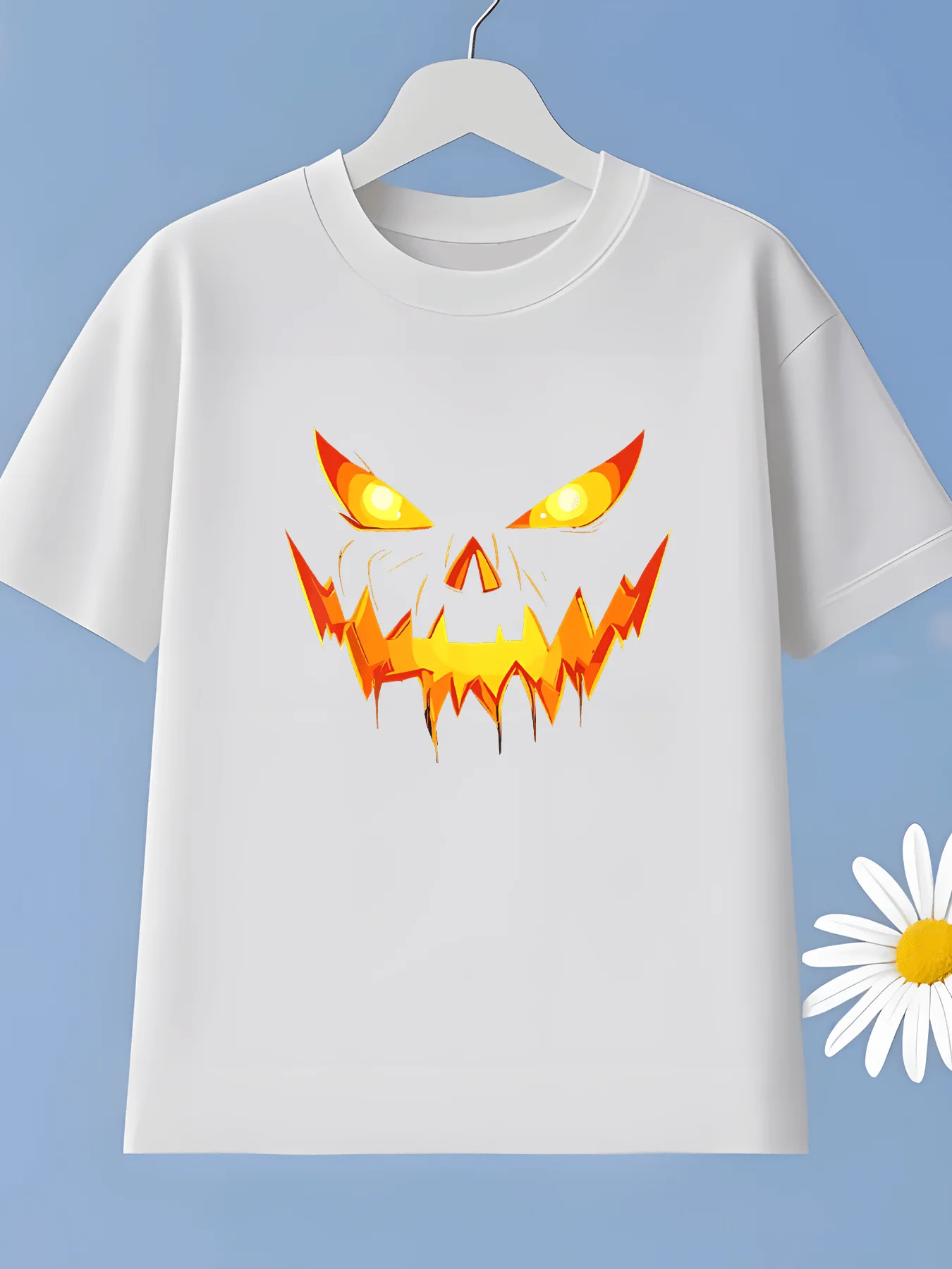 Children's Round Neck Top Halloween Style Evil and Joyful Funny Face Pattern Printed T-shirt Fashionable Outdoor Wear Youth Top