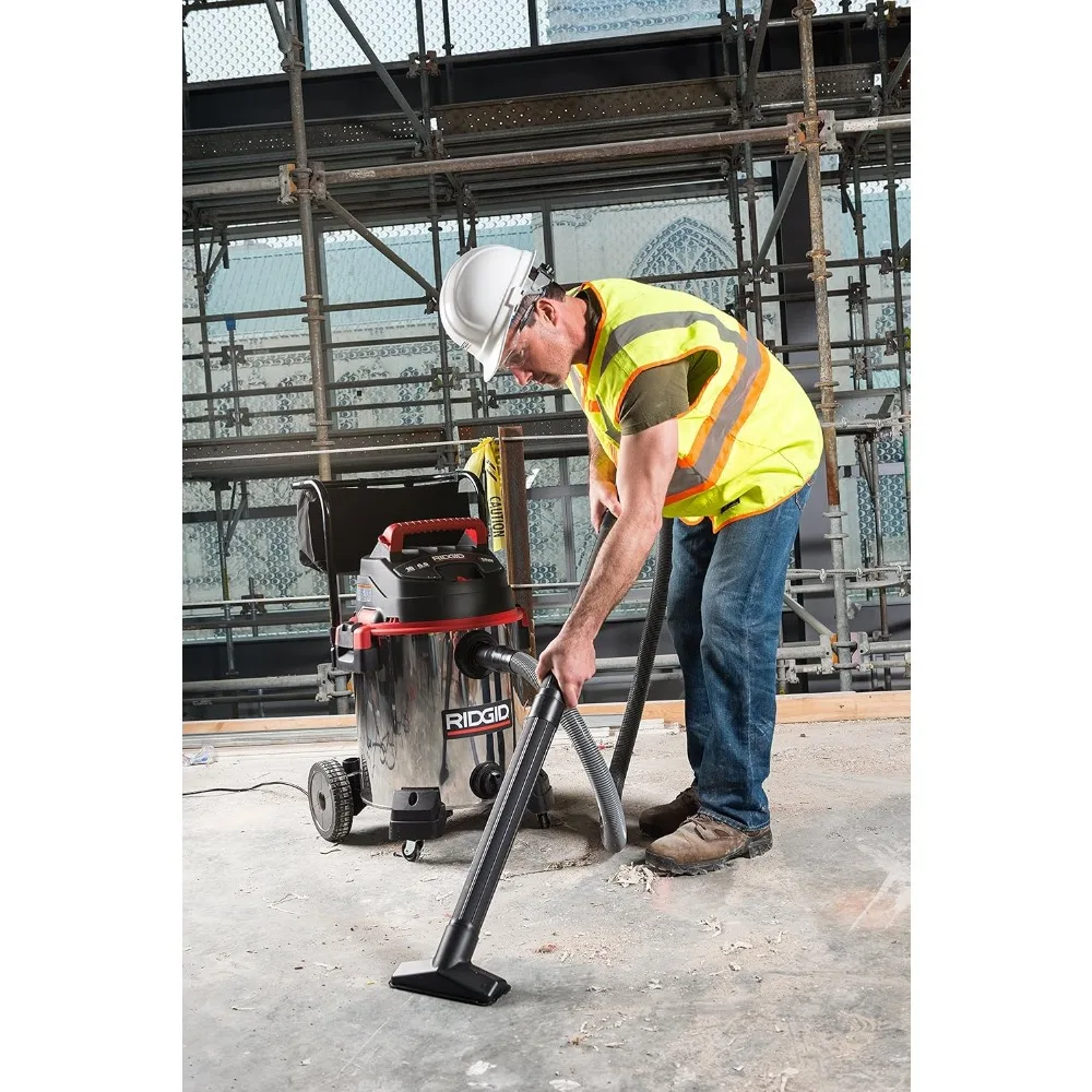 Aspirapolvere per negozi asciutti e bagnati in acciaio inossidabile da 16 galloni con carrello, motore da 6,5 HP, ruote grandi, tubo professionale, funzione di scarico