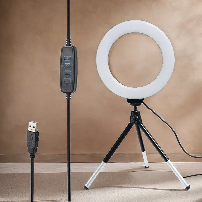 16cm Led Selfie Light Ring Light with Tripod Suction Cup Portable USB Plug for Computer Laptop Video Conference Lighting Makeup