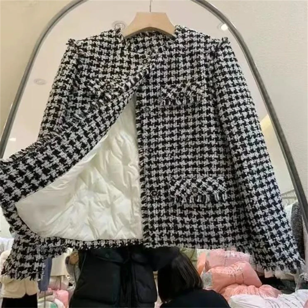 Veste chaude en laine tweed vintage pour femme, 80% duvet de canard blanc, manteau à simple boutonnage, pompon à carreaux, vêtements d'extérieur en duvet Ol, parkas d'automne