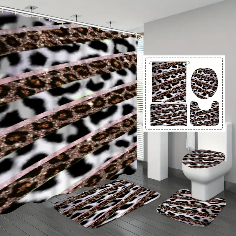 1/3/4Pcs Diagonal Striped Leopard Print Shower Curtain Set, Waterproof and Mildew-Proof, Light Luxury Style Bathroom Four-Piece Set