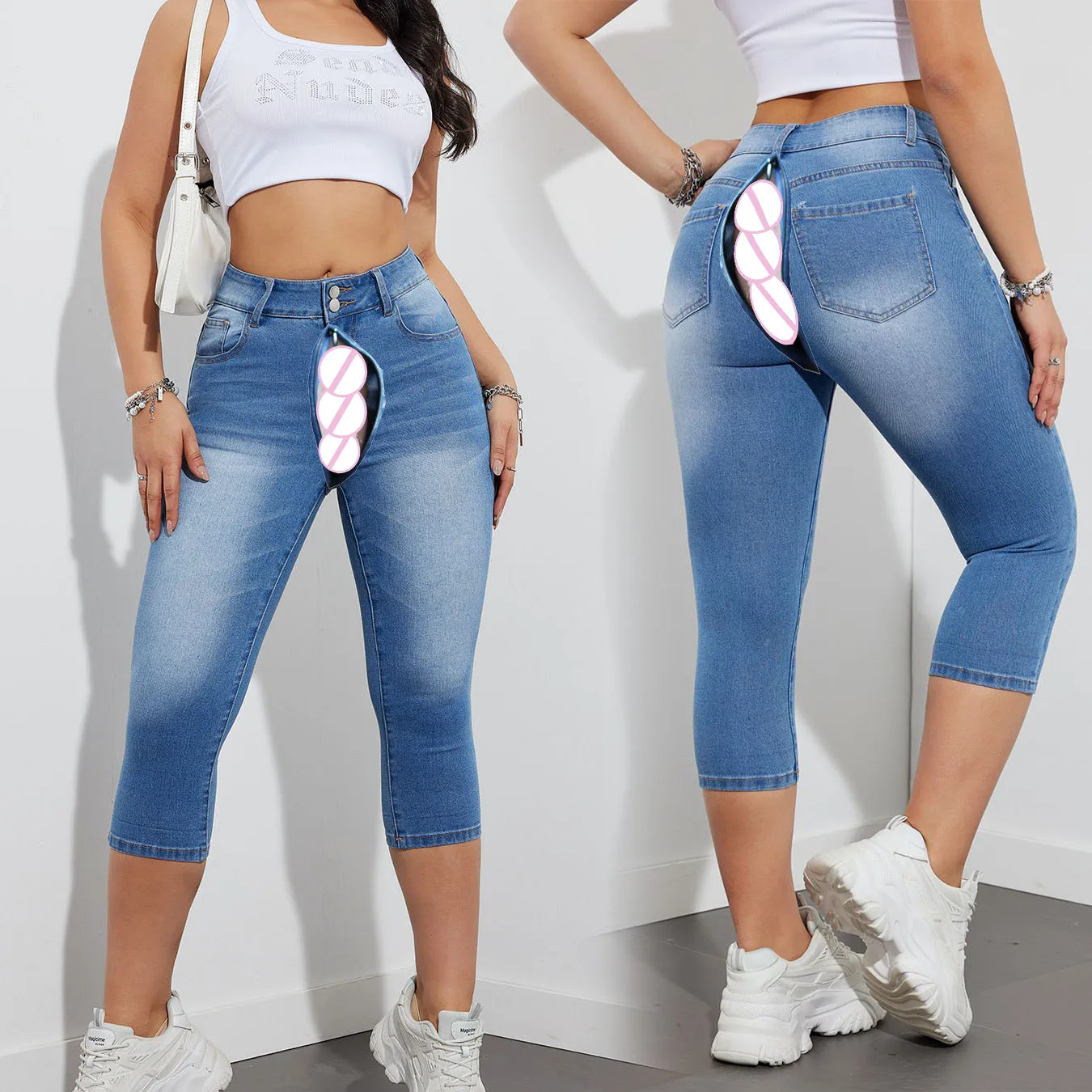 Vintage Jeans Open Crotch Summer Outdoor Sex Denim Shorts Women's Exotic Hot Pants 2024 High Waist Plus Size Skinny Streetwear