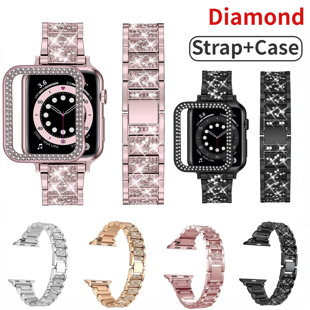 

Diamond Strap+Case for Apple Watch 44mm 40mm 45mm 41mm 42mm 38mm Stainless Steel Bracelet Wristband IWatch Series 9 8 7 6 5 3 SE